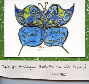 Eight-year-old Alliana created this beautiful butterfly, of which she is selling prints to raise money for the Malala Fund.
